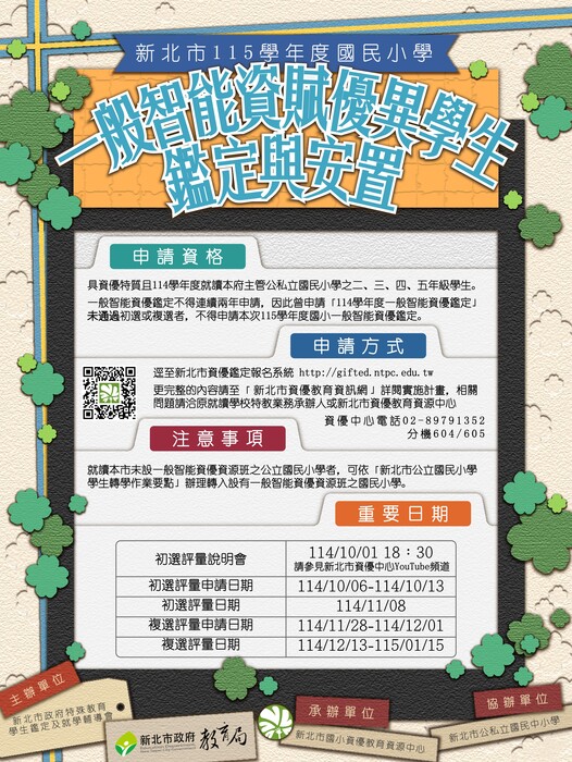 【特教組公告】新北市115學年度國民小學一般智能資賦優異學生鑑定及安置圖片